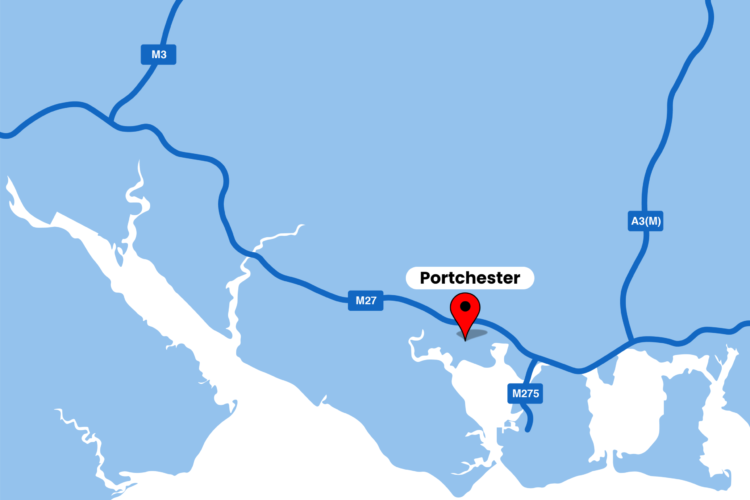 A blue and white map of the south coast with a red marker and text box for Portchester