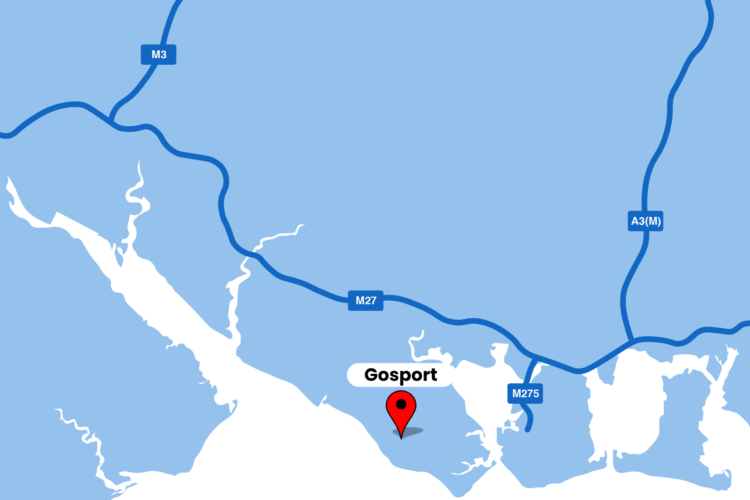 A blue and white map of the south coast with a red marker and text box for Gosport