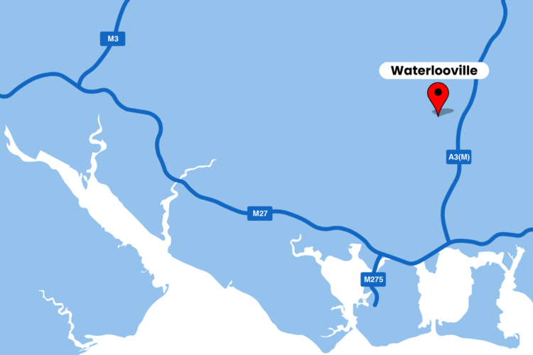 A blue and white map of the south coast with a red marker and text box for Waterlooville