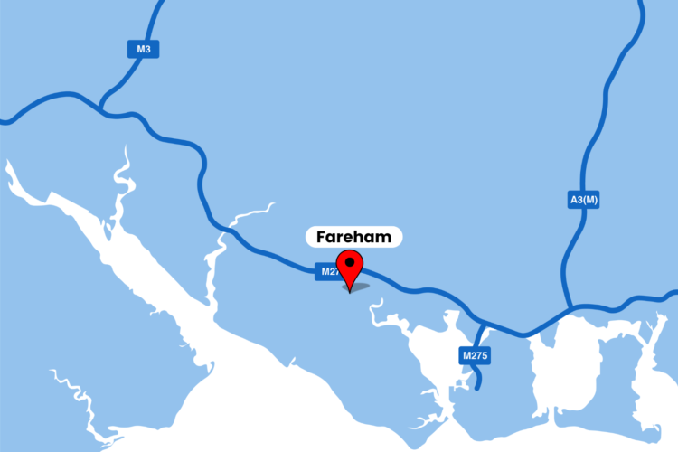 A blue and white map of the south coast with a red marker and text box for Fareham