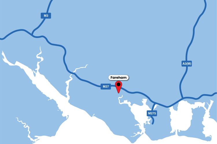 A blue and white map of the south coast with a red marker and text box for Fareham