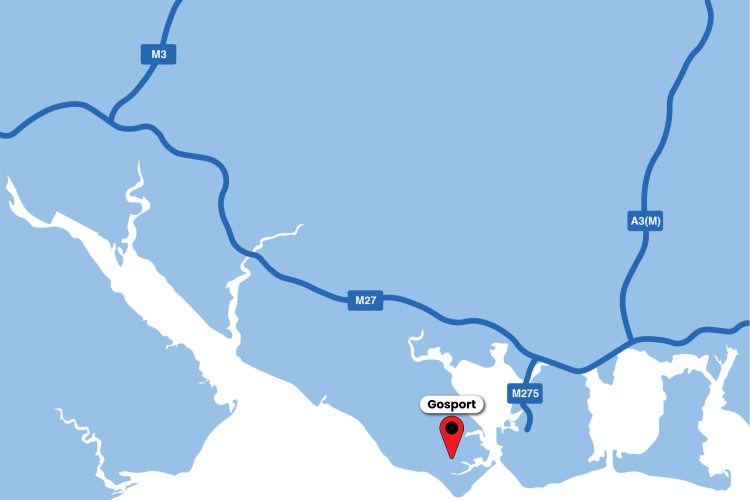 A blue and white map of the south coast with a red marker and text box for Gosport