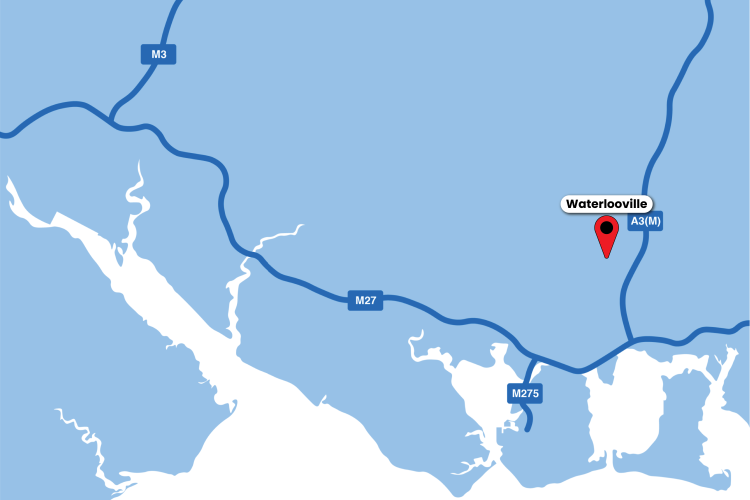 A blue and white map of the south coast with a red marker and text box for Waterlooville
